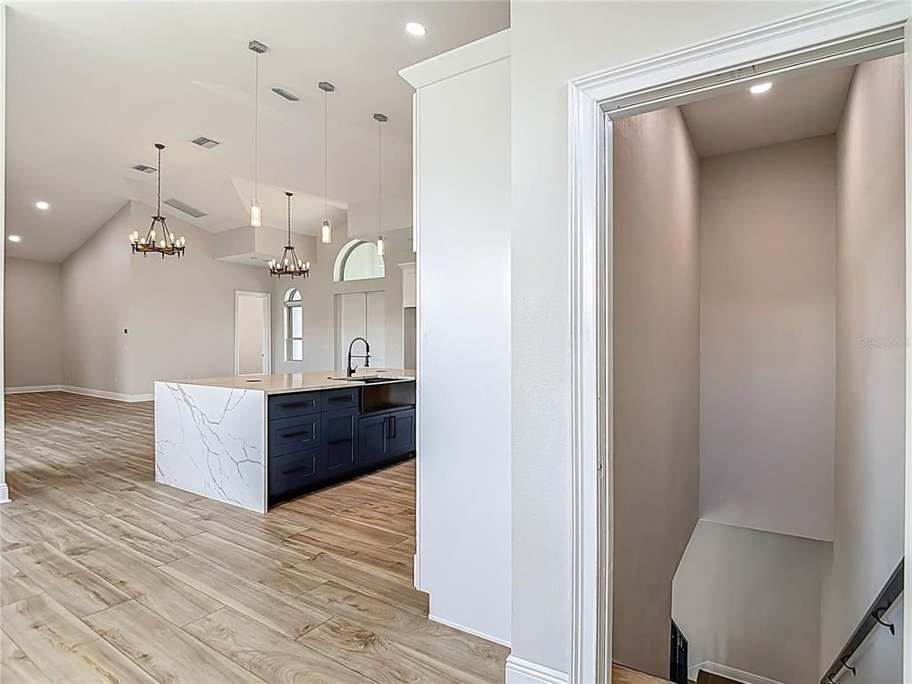 Interior, Kitchen, Pendant Lights, Recessed Lighting, Wood Texture Flooring