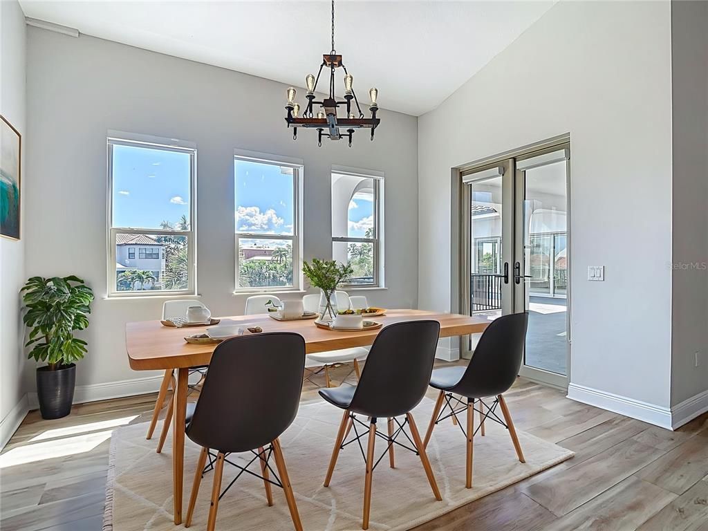 Chandelier, Dining room, Interior, Pendant Lights, Wood Texture Flooring