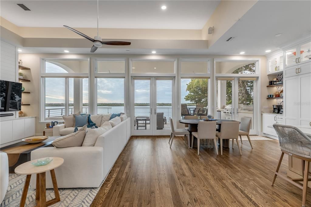 Dining room, Interior, Living room, Recessed Lighting, Water, Wood Texture Flooring
