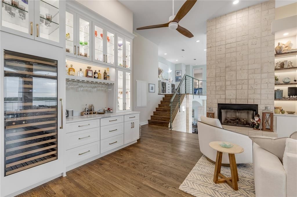 Fireplace, Interior, Recessed Lighting, Stone Walls, Wood Texture Flooring