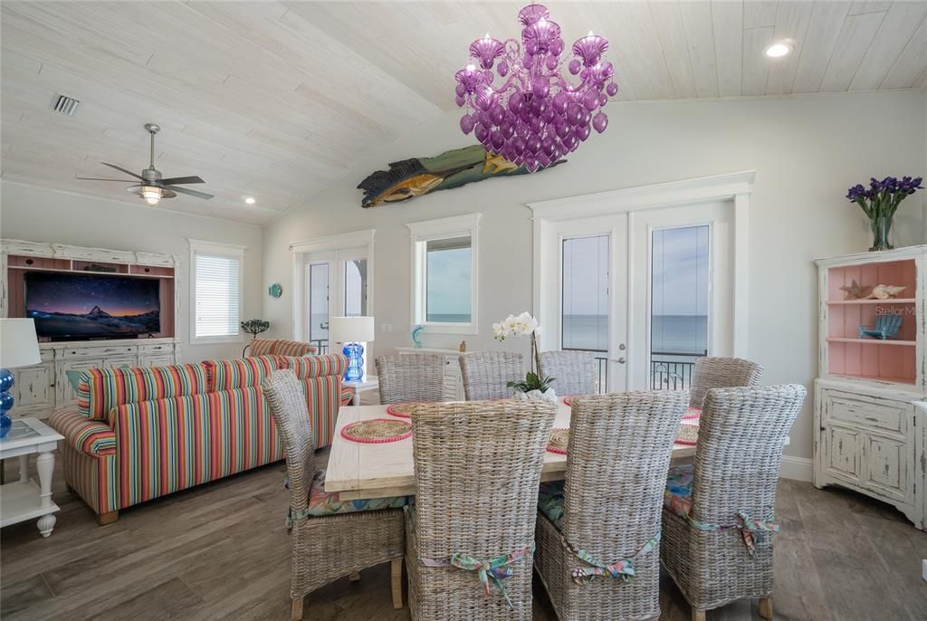 Dining room, Interior, Living room, Recessed Lighting, Water, Wood Texture Flooring