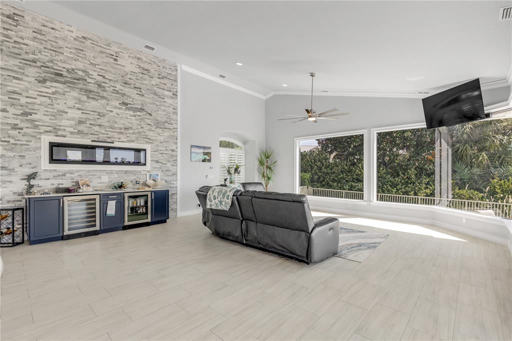 Interior, Living room, Recessed Lighting, Stone Walls, Wood Texture Flooring