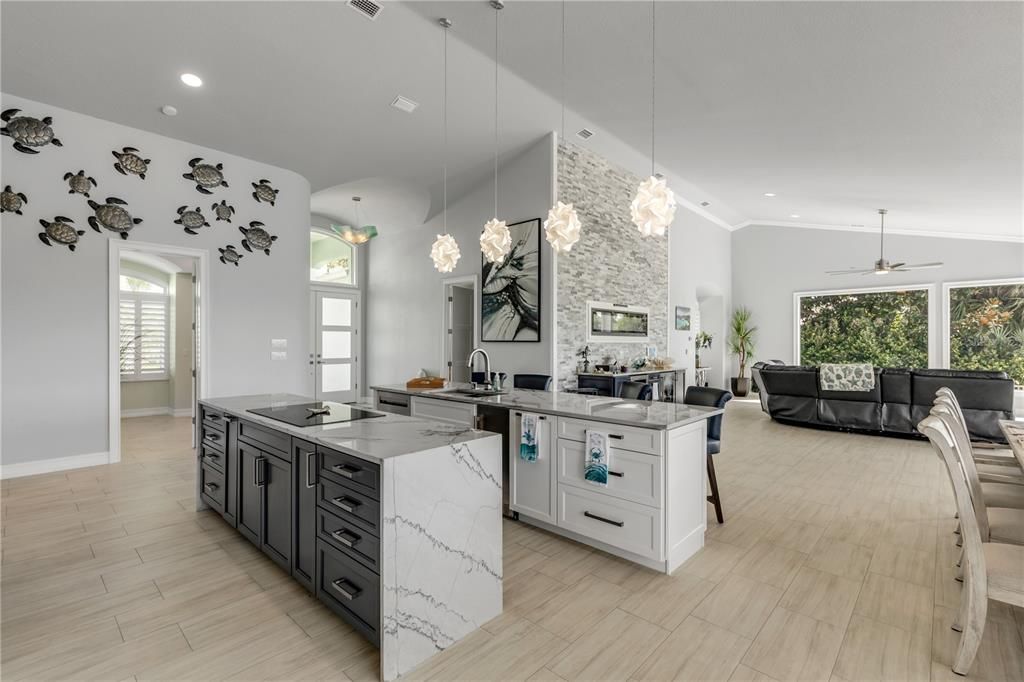 Interior, Kitchen, Living room, Pendant Lights, Recessed Lighting, Wood Texture Flooring