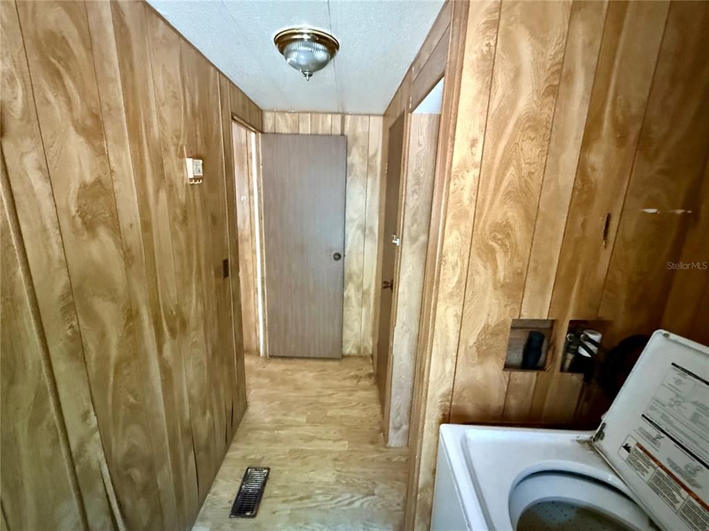 Bathroom, Interior, Washer, Wood Texture Flooring, Wooden Walls