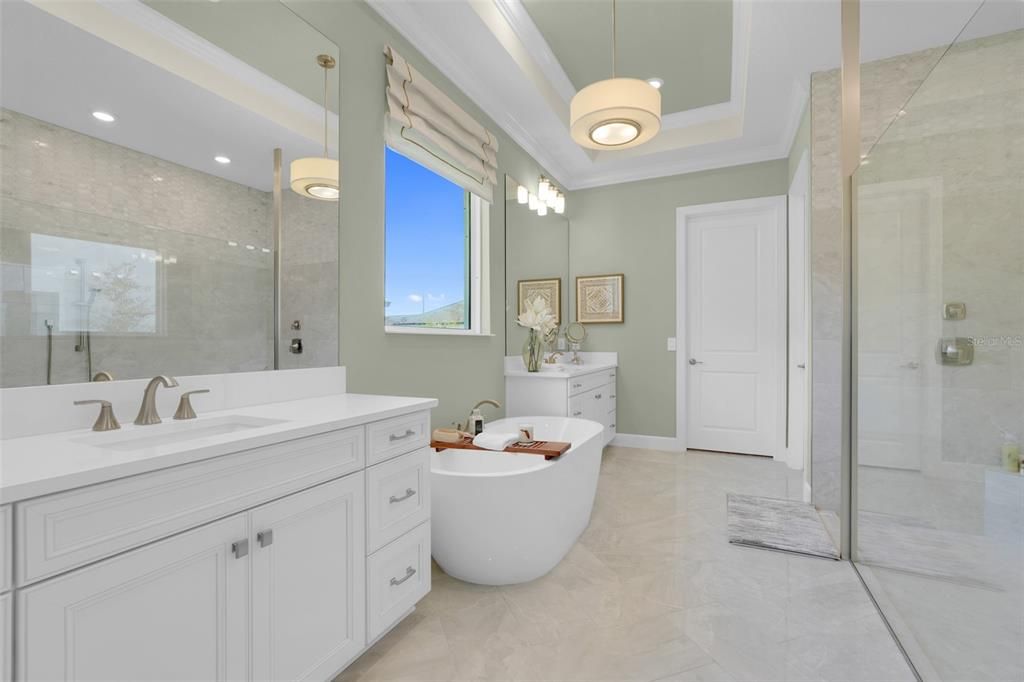 Bathroom, Dual Sink Vanities, Free Standing Baths, Glass Shower, Interior, Recessed Lighting