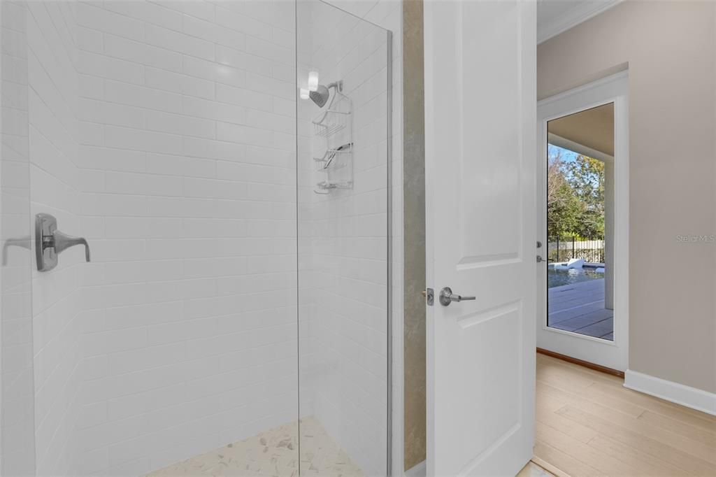 Bathroom, Glass Shower, Interior, Wood Texture Flooring