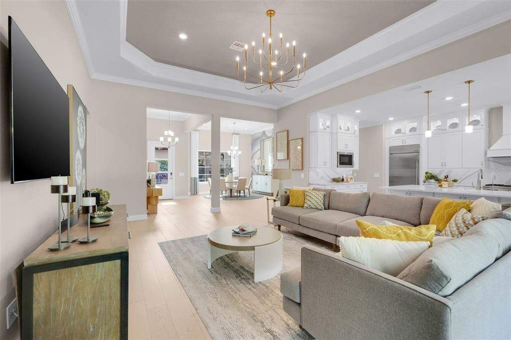 Dining room, Interior, Kitchen, Living room, Pendant Lights, Recessed Lighting, Stainless Steel Appliances, Wood Texture Flooring