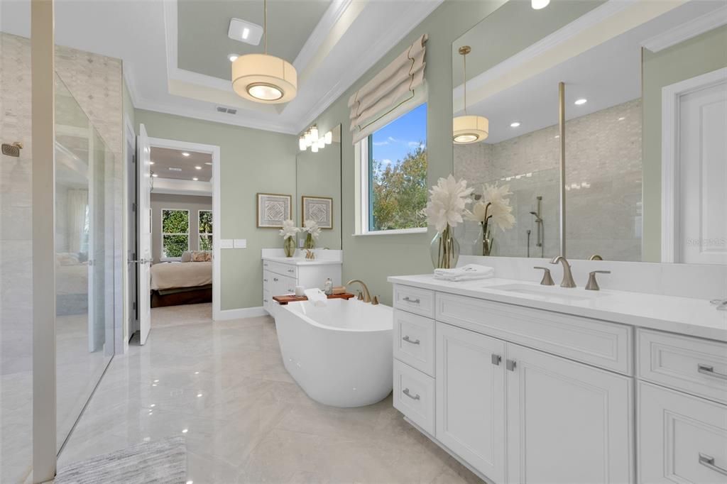 Bathroom, Bedroom, Dual Sink Vanities, Free Standing Baths, Glass Shower, Interior, Marble, Pendant Lights, Recessed Lighting