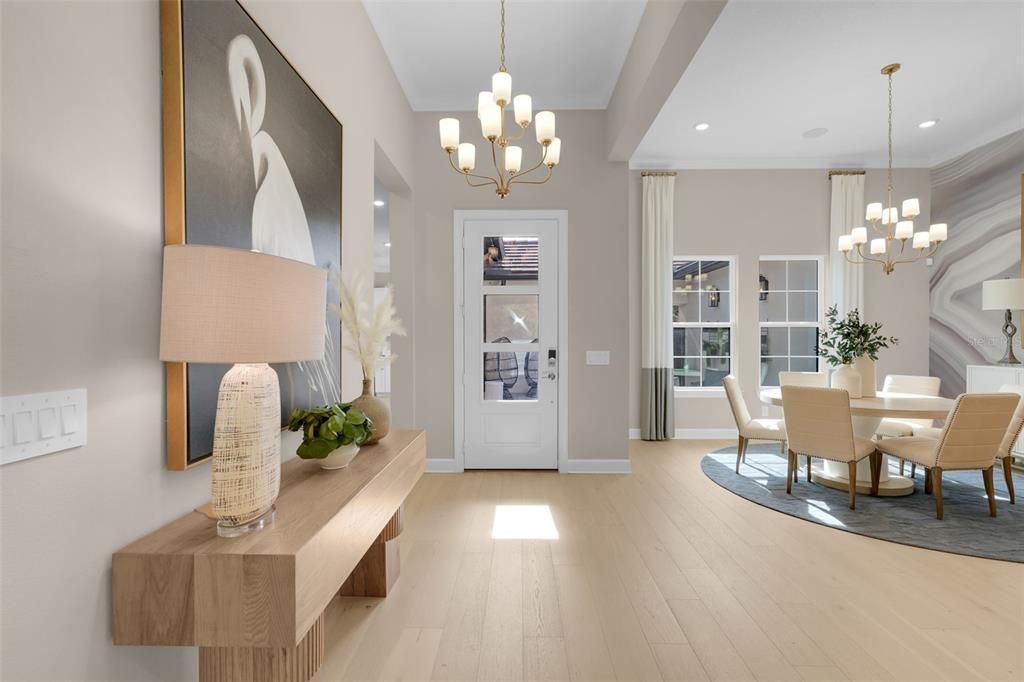 Chandelier, Dining room, Interior, Recessed Lighting, Wood Texture Flooring