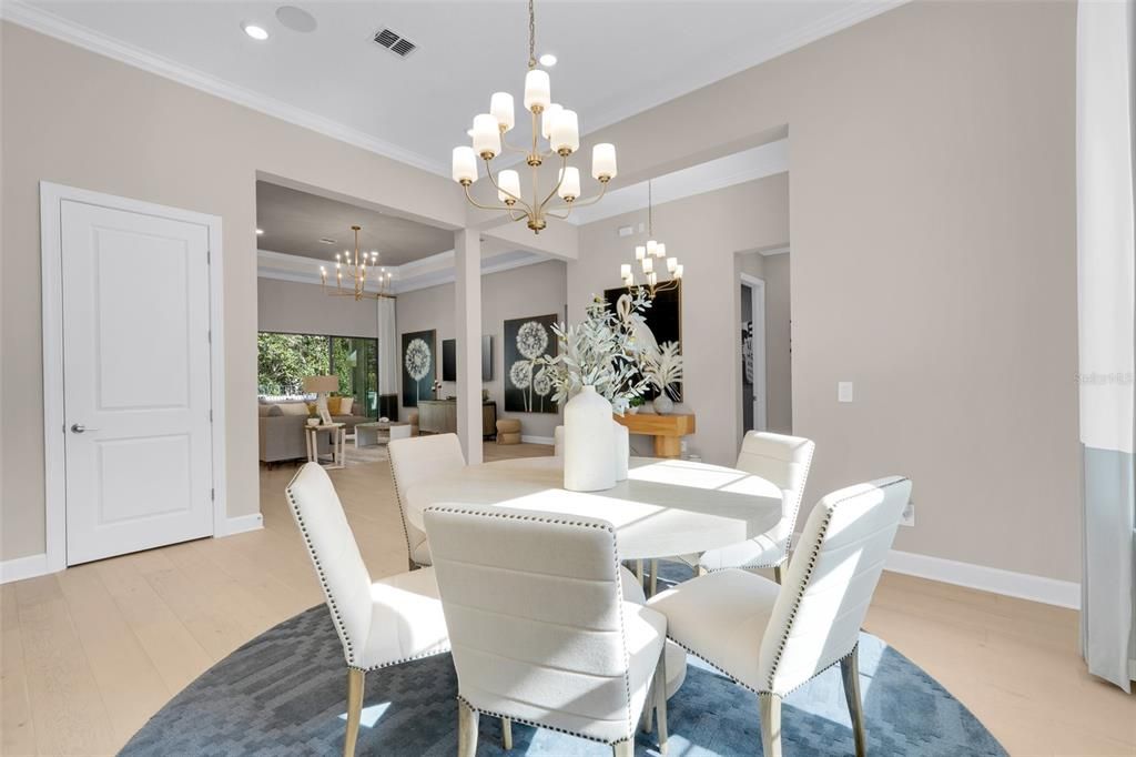 Chandelier, Dining room, Interior, Living room, Recessed Lighting, Wood Texture Flooring