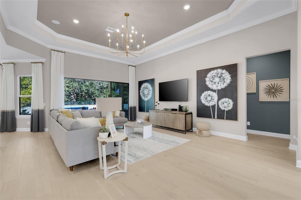 Interior, Living room, Pendant Lights, Recessed Lighting, Wood Texture Flooring