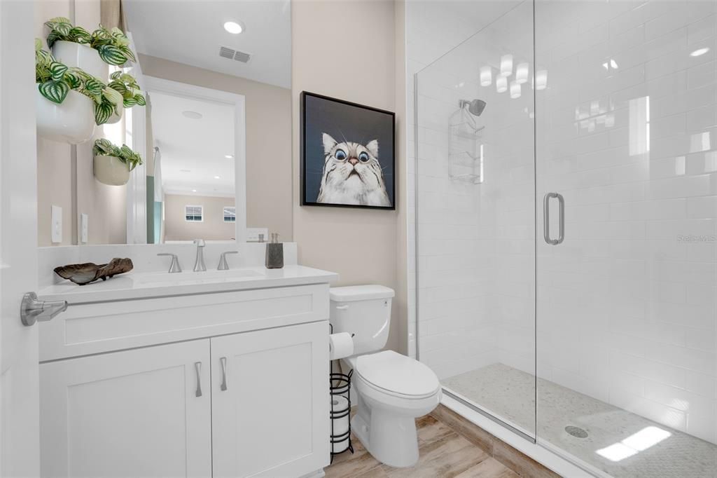 Bathroom, Glass Shower, Interior, Recessed Lighting, Wood Texture Flooring