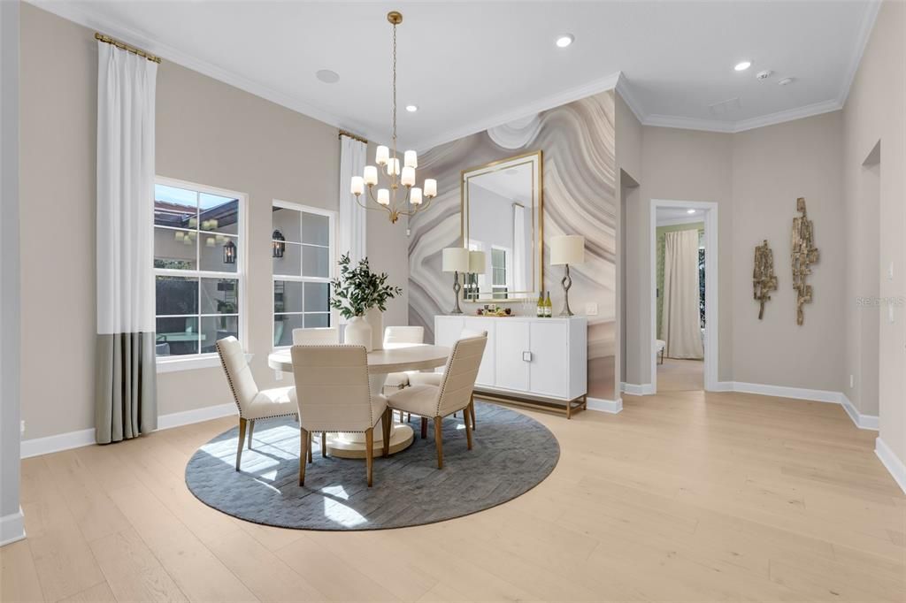 Chandelier, Dining room, Interior, Recessed Lighting, Wood Texture Flooring