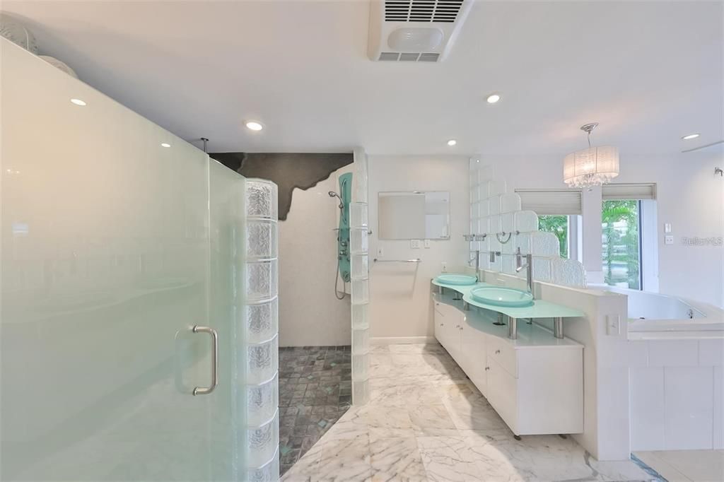 Bathroom, Chandelier, Dual Sink Vanities, Glass Shower, Interior, Marble, Recessed Lighting