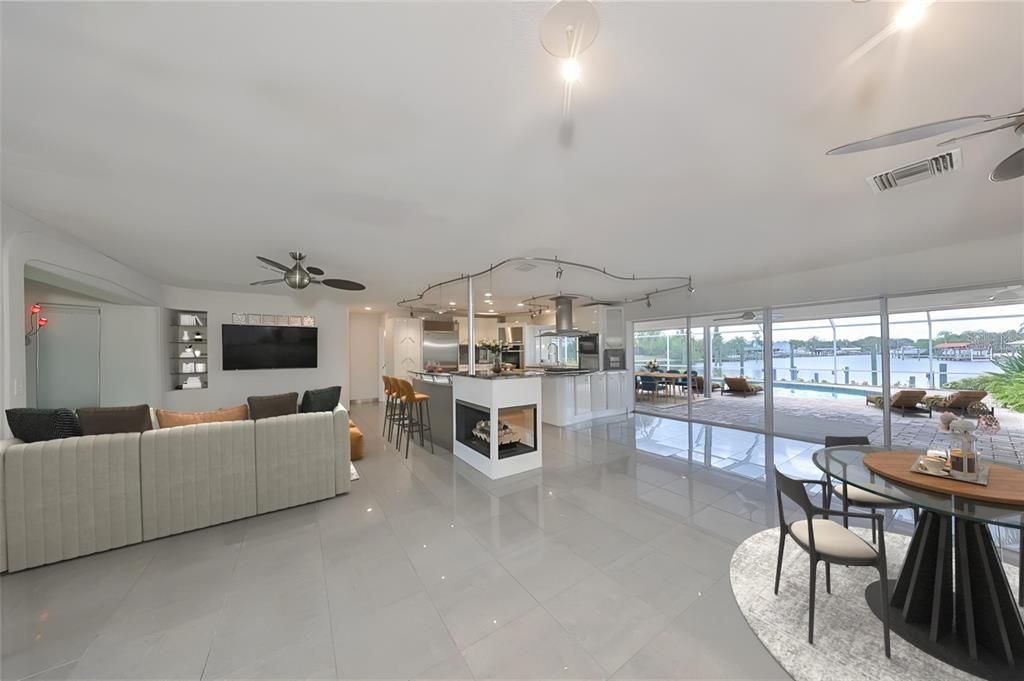 Dining room, Fireplace, Interior, Living room, Recessed Lighting, Water