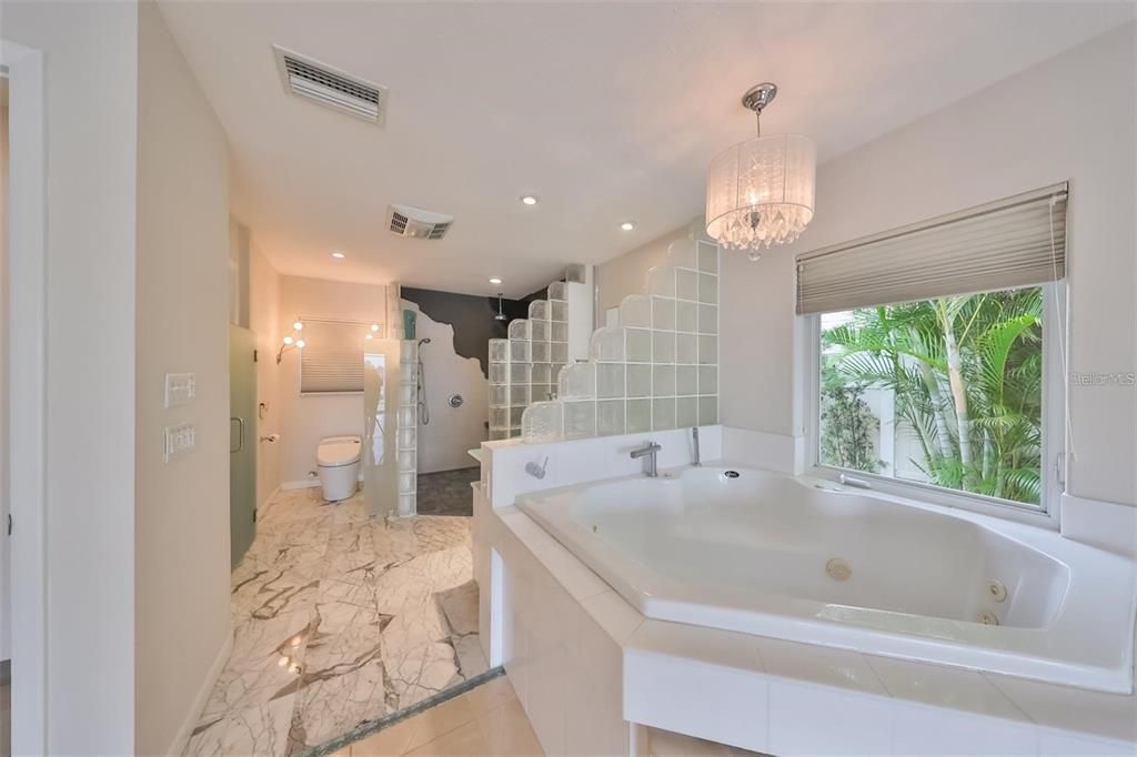 Bathroom, Chandelier, Glass Shower, Interior, Marble, Recessed Lighting