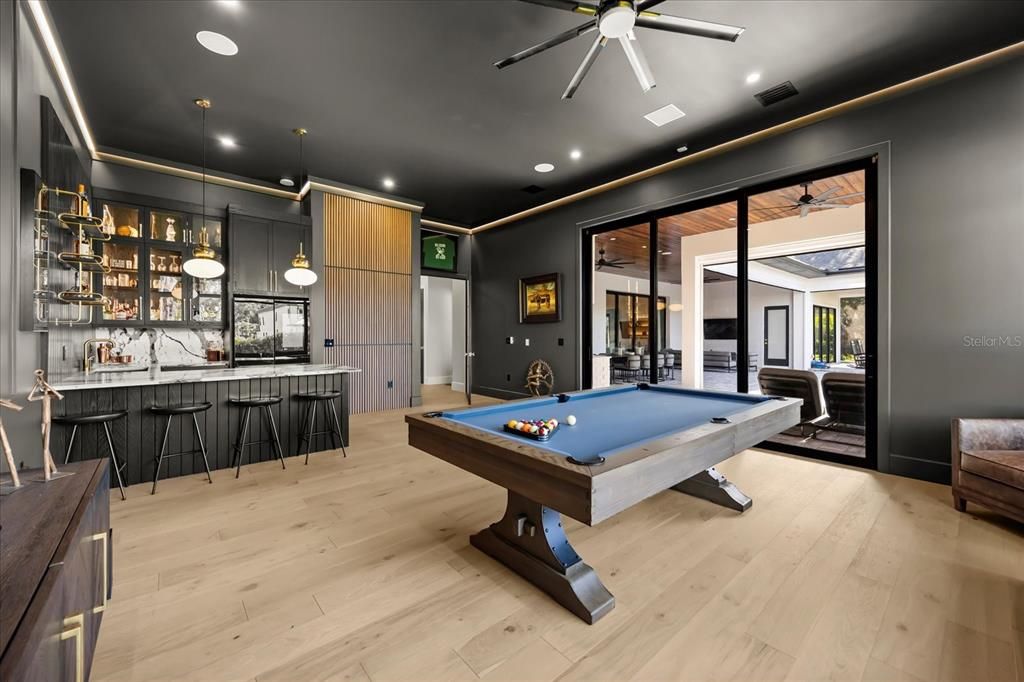 Billiard Table, Game Room, Interior, Pendant Lights, Recessed Lighting, Wood Texture Flooring