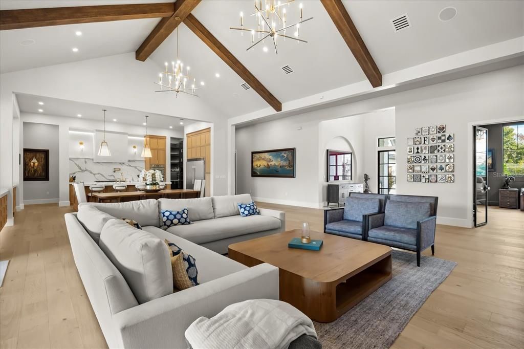 Dining room, Interior, Kitchen, Living room, Pendant Lights, Recessed Lighting, Wooden Beams, Wood Texture Flooring
