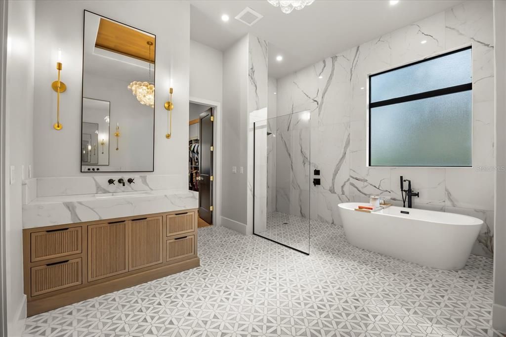Bathroom, Dual Sink Vanities, Free Standing Baths, Glass Shower, Interior, Marble Walls, Recessed Lighting