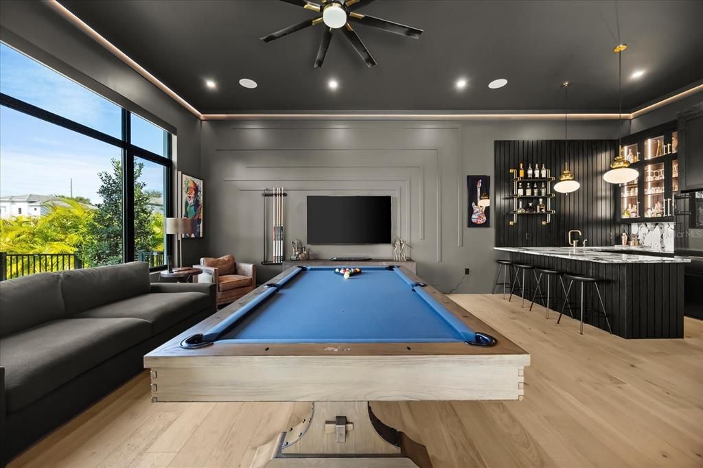 Billiard Table, Game Room, Interior, Pendant Lights, Recessed Lighting, Wood Texture Flooring