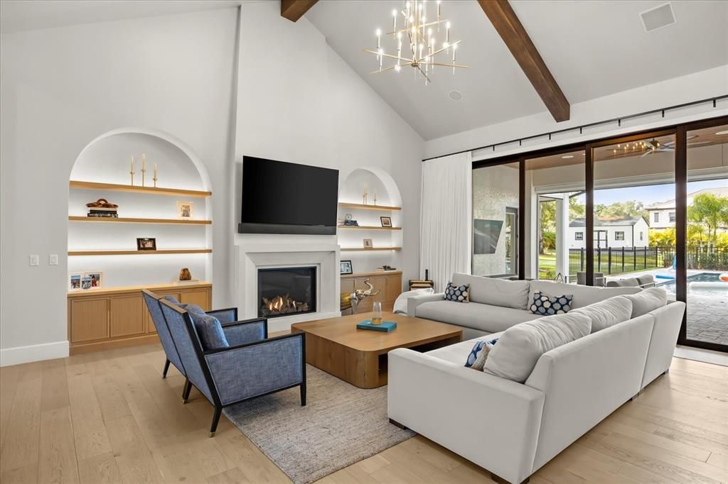 Fireplace, Interior, Living room, Pendant Lights, Wooden Beams, Wood Texture Flooring