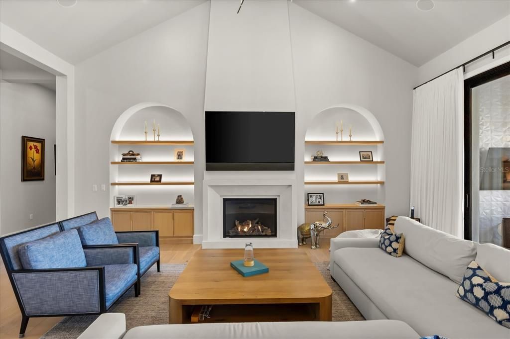 Fireplace, Interior, Living room, Recessed Lighting, Wood Texture Flooring