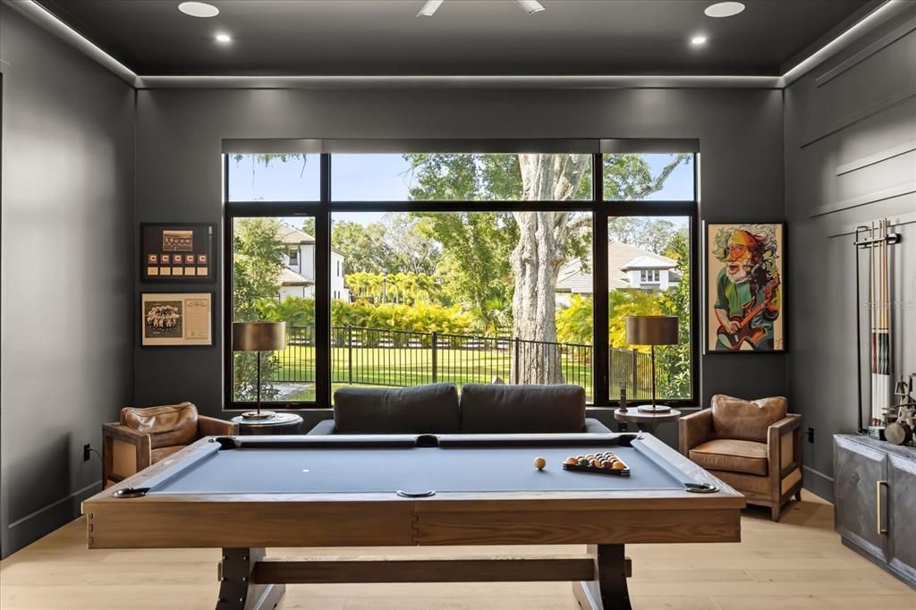 Billiard Table, Game Room, Interior, Recessed Lighting, Wood Texture Flooring