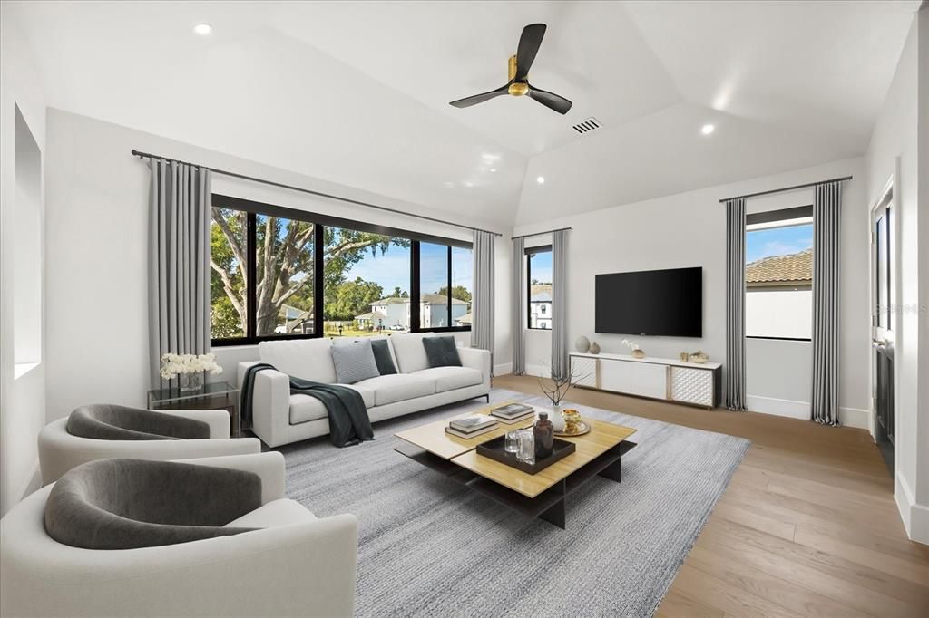 Interior, Living room, Recessed Lighting, Wood Texture Flooring