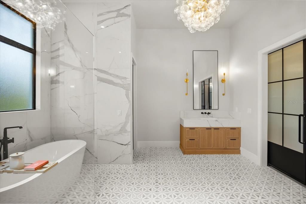 Bathroom, Chandelier, Free Standing Baths, Interior, Marble Walls