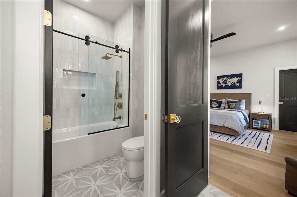 Bathroom, Bedroom, Glass Shower, Interior, Recessed Lighting, Wood Texture Flooring