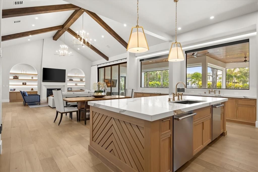 Dining room, Fireplace, Interior, Kitchen, Living room, Pendant Lights, Recessed Lighting, Wooden Beams, Wood Texture Flooring