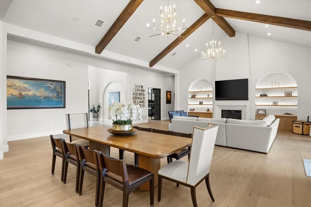 Dining room, Fireplace, Interior, Living room, Pendant Lights, Recessed Lighting, Wooden Beams, Wood Texture Flooring