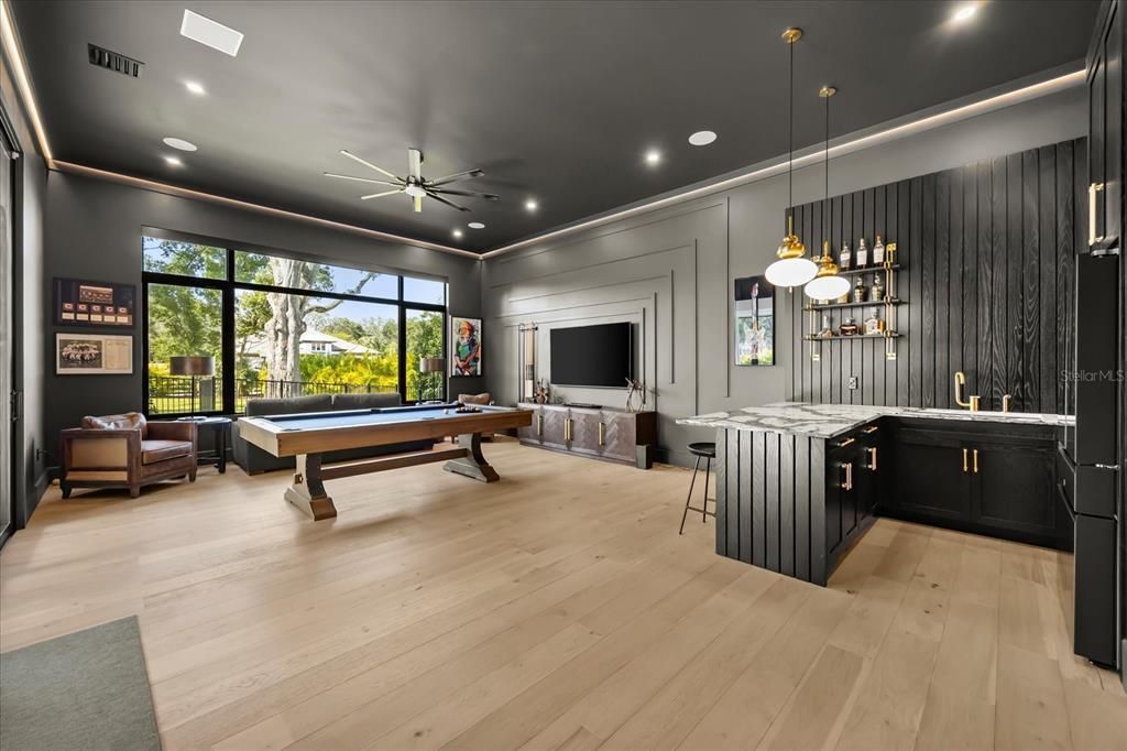 Billiard Table, Game Room, Interior, Pendant Lights, Recessed Lighting, Wood Texture Flooring