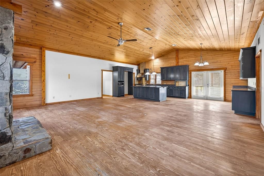 Empty room, Interior, Kitchen, Pendant Lights, Recessed Lighting, Wooden Ceilings, Wood Texture Flooring, Wooden Walls