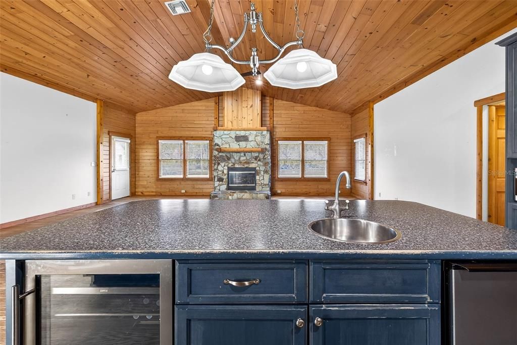 Chandelier, Fireplace, Interior, Kitchen, Wooden Ceilings, Wooden Walls