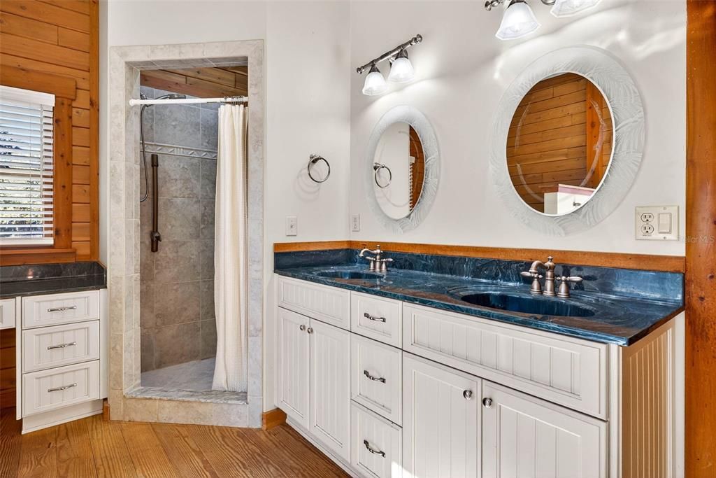 Bathroom, Dual Sink Vanities, Glass Shower, Interior, Wood Texture Flooring