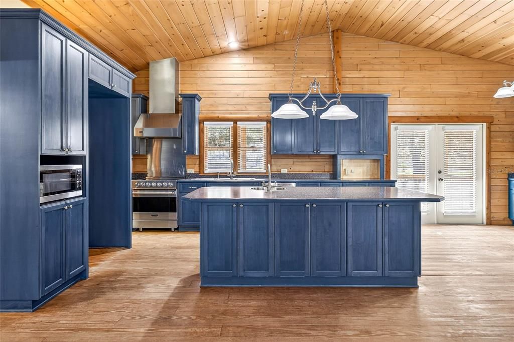 Interior, Kitchen, Pendant Lights, Stainless Steel Appliances, Wooden Ceilings, Wood Texture Flooring, Wooden Walls