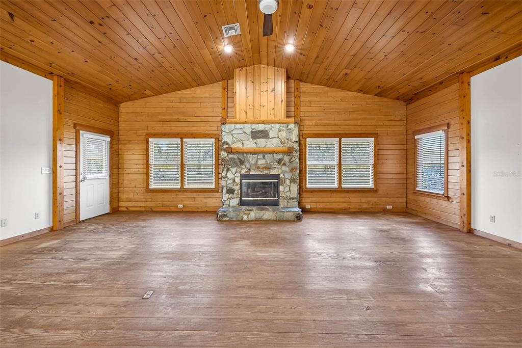 Empty room, Fireplace, Interior, Wooden Ceilings, Wood Texture Flooring, Wooden Walls