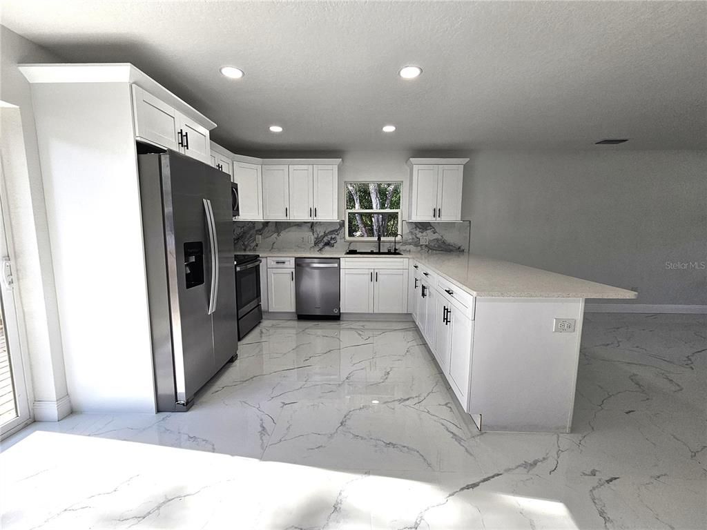 Interior, Kitchen, Marble, Recessed Lighting, Stainless Steel Appliances
