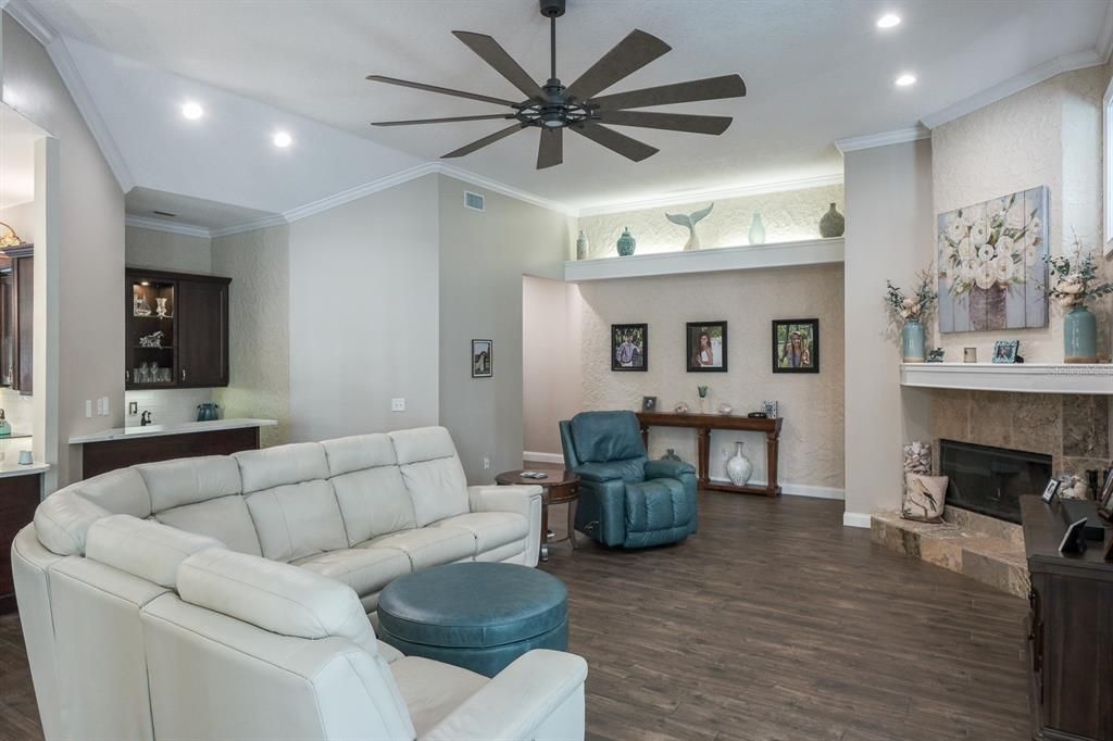 Fireplace, Interior, Living room, Recessed Lighting, Wood Texture Flooring