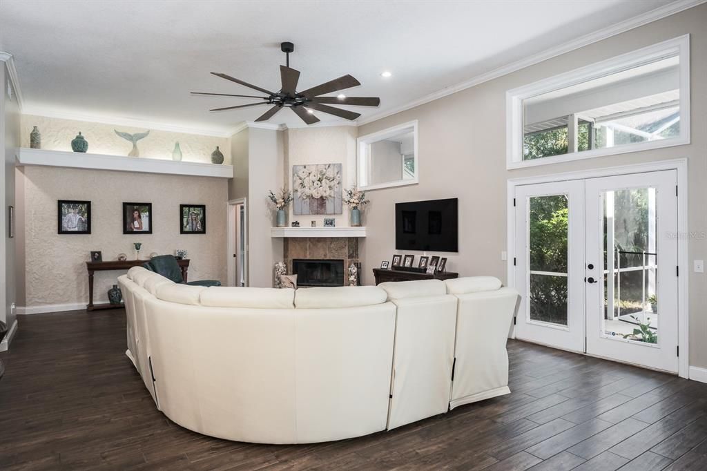 Fireplace, Interior, Living room, Recessed Lighting, Wood Texture Flooring