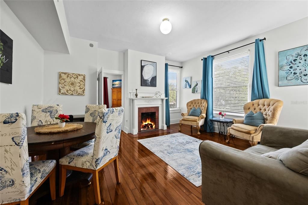 Dining room, Fireplace, Interior, Living room, Wood Texture Flooring
