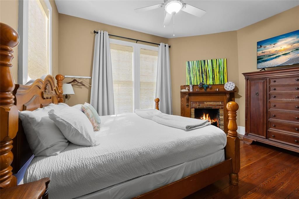 Bedroom, Fireplace, Interior, Wood Texture Flooring