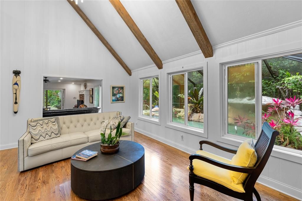 Interior, Living room, Recessed Lighting, Wooden Beams, Wood Texture Flooring