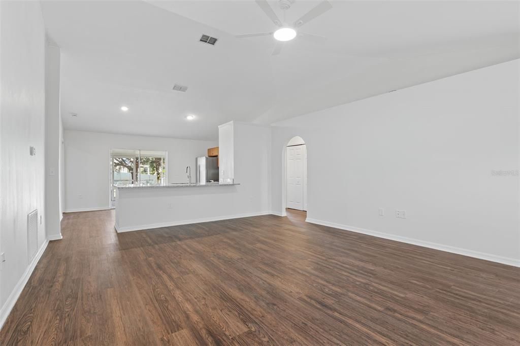 Empty room, Interior, Kitchen, Recessed Lighting, Wood Texture Flooring