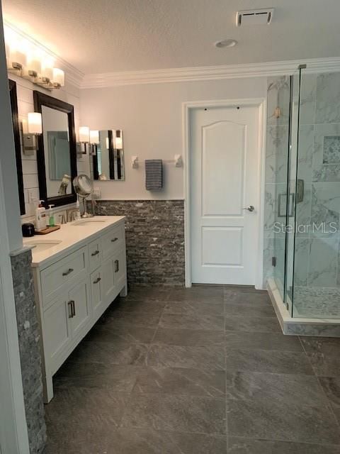 Bathroom, Dual Sink Vanities, Glass Shower, Interior, Marble Walls