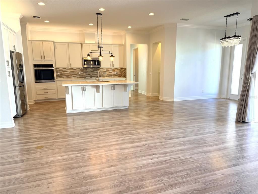 Interior, Kitchen, Pendant Lights, Recessed Lighting, Wood Texture Flooring