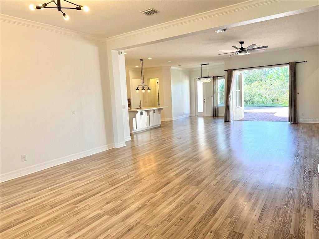 Empty room, Interior, Pendant Lights, Recessed Lighting, Wood Texture Flooring