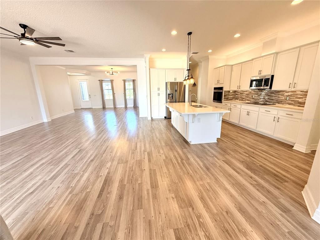 Chandelier, Interior, Kitchen, Pendant Lights, Recessed Lighting, Wood Texture Flooring