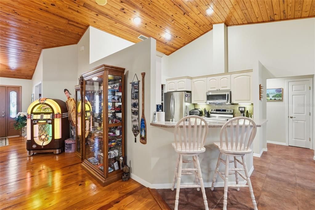 Interior, Kitchen, Recessed Lighting, Stainless Steel Appliances, Wooden Ceilings, Wood Texture Flooring